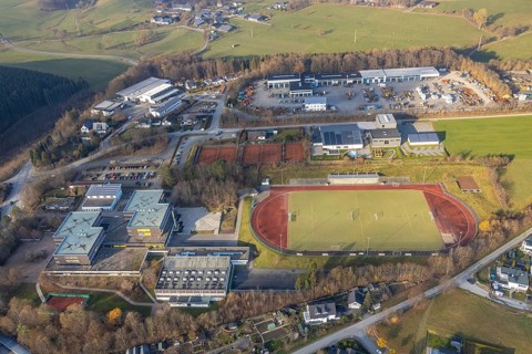 Aerial view, Obringhauser Straße school centre, municipal grammar school, sports field, Sauerland