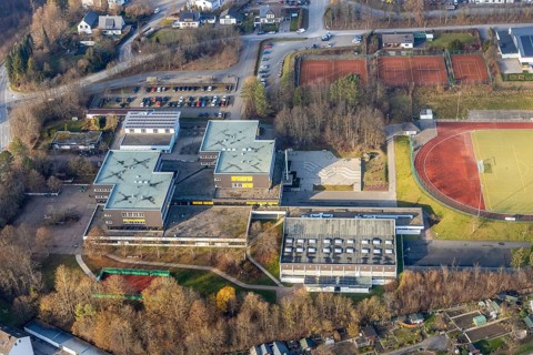 Aerial view, school centre Obringhauser Straße, municipal grammar school, sports field, Wormbach,