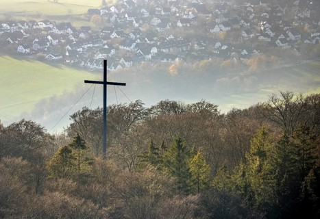 Aerial view, summit cross at the Marienkapelle, Wilzenberg, view to Grafschaft, Schmallenberg,
