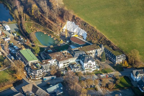 Aerial photo, Romantikhotel und Wellnesshotel Deimann, construction site renovation, Winkhausen,