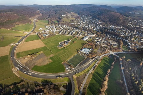 Aerial view, new construction of the bypass road L776n Bad Fredeburg, SauerlandBad, sports field,
