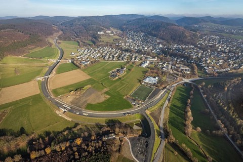 Aerial view, new construction of the bypass road L776n Bad Fredeburg, SauerlandBad, sports field,