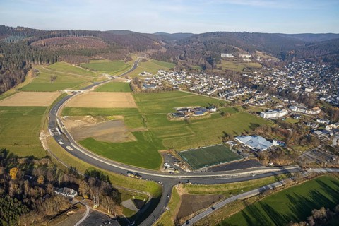Aerial view, new construction of the bypass road L776n Bad Fredeburg, SauerlandBad, sports field,