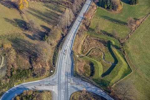 Aerial view, federal road B511 intersection Buchenweg, at the industrial park Hochsauerland,