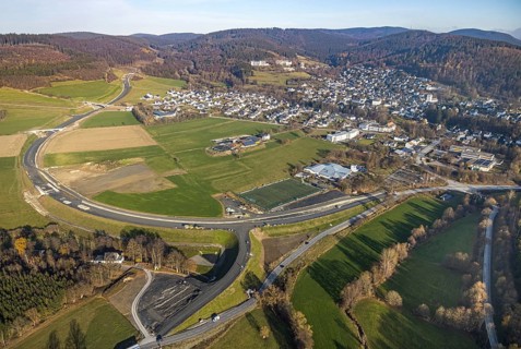 Aerial view, new construction of the bypass road L776n Bad Fredeburg, SauerlandBad, sports field,