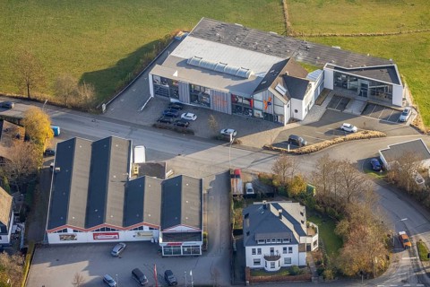 Aerial view, commercial area, Vollmers-Dünnebacke GmbH, shopping centre Markant, Schmallenberg,