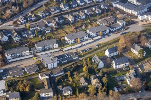 Aerial view, construction site, new residential quarter Am Alten Bahnhof, Schmallenberg, Sauerland,