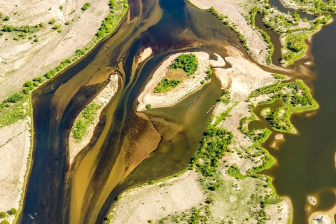 Aerial view, new mouth of the river Lippe near Wesel, Rhine, Rhine harbour, federal road connection