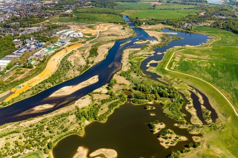 Aerial view, new mouth of the river Lippe near Wesel, Rhine, Rhine harbour, federal road connection