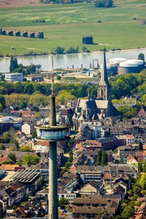 Aerial view, TV tower Wesel Langer Heinrich, protestant church Willibrordi-Dom, river Rhine,