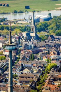 Aerial view, TV tower Wesel Langer Heinrich, protestant church Willibrordi-Dom, river Rhine,