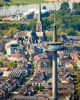 Aerial view, TV tower Wesel Langer Heinrich, protestant church Willibrordi-Dom, river Rhine,