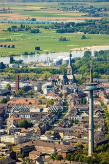 Aerial view, TV tower Wesel Langer Heinrich, protestant church Willibrordi-Dom, river Rhine,