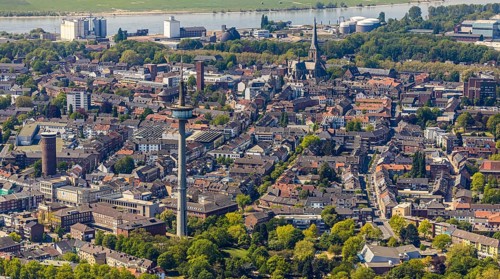 Aerial view, TV tower Wesel Langer Heinrich, protestant church Willibrordi-Dom, river Rhine, old