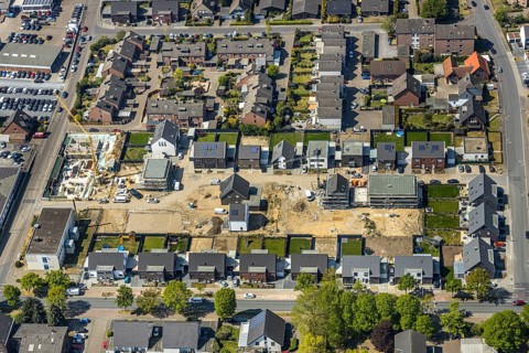 Aerial view, new housing estate Schepersfeld, former Telekom site, Fusternberg, Wesel, Ruhr area,