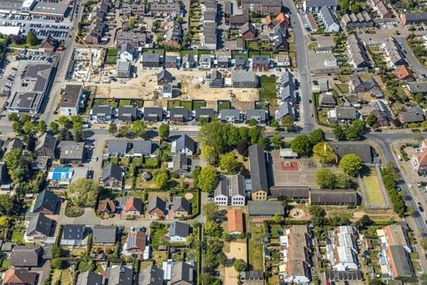 Aerial view, new housing estate Schepersfeld, former Telekom site, Fusternberg, Wesel, Ruhr area,