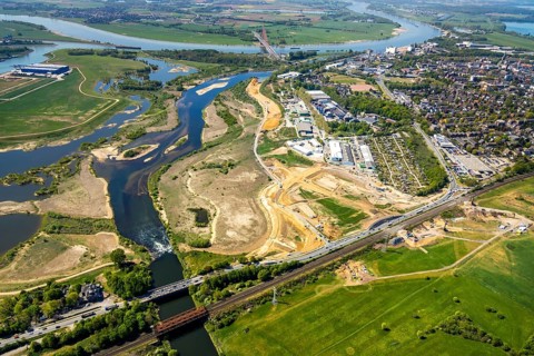 Aerial view, new mouth of the river Lippe near Wesel, Rhine, Rhine harbour, federal road connection