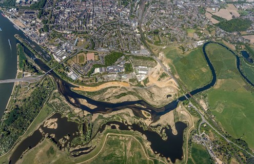 Aerial view, new mouth of the river Lippe near Wesel, Rhine, Rhine harbour, federal road connection