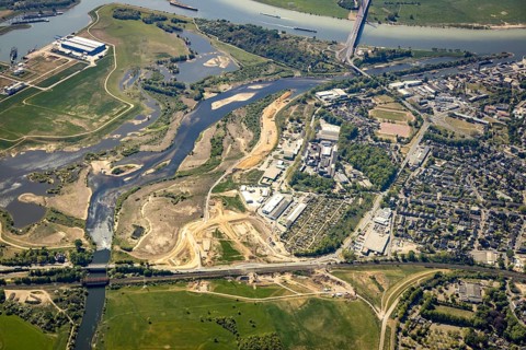 Aerial view, new mouth of the river Lippe near Wesel, Rhine, Rhine harbour, federal road connection