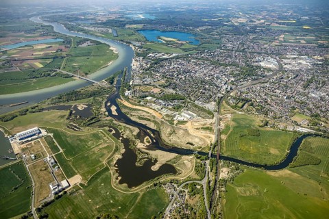 Aerial view, new mouth of the river Lippe near Wesel, Rhine, Rhine harbour, federal road connection