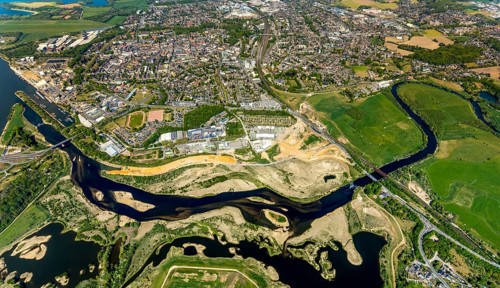 Aerial view, new mouth of the river Lippe near Wesel, Rhine, Rhine harbour, federal road connection