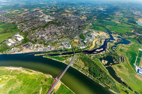 Aerial view, new mouth of the river Lippe near Wesel, Rhine, Rhine harbour, federal road connection