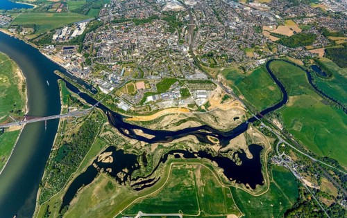 Aerial view, new mouth of the river Lippe near Wesel, Rhine, Rhine harbour, federal road connection