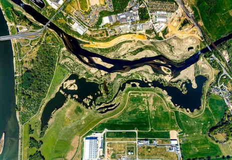 Aerial view, new mouth of the river Lippe near Wesel, Rhine, Rhine harbour, federal road connection