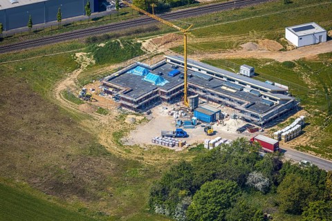 Aerial view, new day care centre Hessenweg, Hessenviertel, Feldmark, Lackhausen, Wesel, Ruhr area,