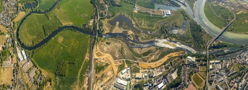 Aerial view, new mouth of the river Lippe near Wesel, Rhine, Rhine harbour, federal road connection