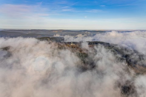 Aerial view, clouds over the Kahler Asten, Astenturm and hotel-restaurant, second highest mountain