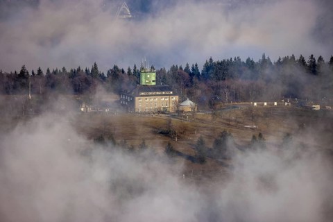 Aerial view, clouds over the Kahler Asten, Astenturm and hotel-restaurant, second highest mountain