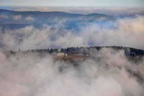 Aerial view, clouds over the Kahler Asten, Astenturm and hotel-restaurant, second highest mountain