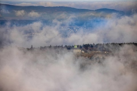 Aerial view, clouds over the Kahler Asten, Astenturm and hotel-restaurant, second highest mountain