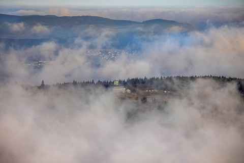Aerial view, clouds over the Kahler Asten, Astenturm and hotel-restaurant, second highest mountain