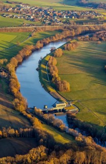 Aerial view, Ruhr river, Echthausen hydroelectric power station, Wickede, Sauerland, North