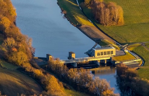 Aerial view, Ruhr river, Echthausen hydroelectric power station, Wickede, Sauerland, North