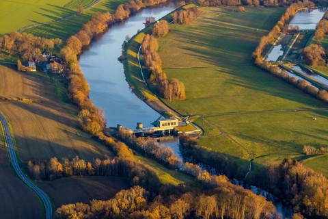 Aerial view, Ruhr river, Echthausen hydroelectric power station, Wickede, Sauerland, North