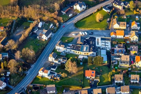 Aerial view, Hauptstraße corner Hatzfeldstraße, Martin Pingel Transporte business, Wickede,