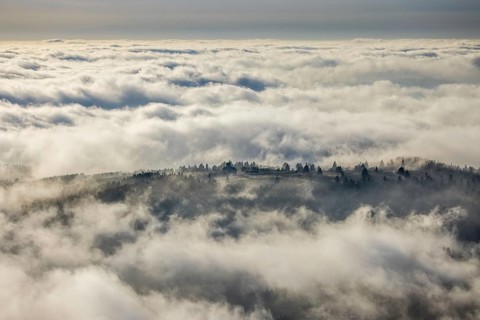 Aerial view, clouds over the Kahler Asten, Astenturm and hotel-restaurant, second highest mountain
