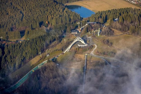 Aerial view, ski area at the St. Georg ski jump, Winterberg, Sauerland, North Rhine-Westphalia,