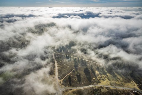 Aerial view, clouds over the Kahler Asten, highest mountain in North Rhine-Westphalia, Kahler