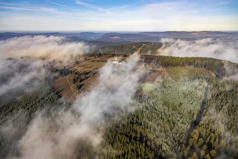 Aerial view, clouds over the Kahler Asten, Astenturm and hotel-restaurant, second highest mountain