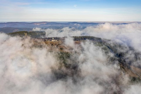 Aerial view, clouds over the Kahler Asten, Astenturm and hotel-restaurant, second highest mountain