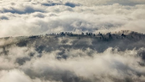 Aerial view, clouds over the Kahler Asten, Astenturm and hotel-restaurant, second highest mountain