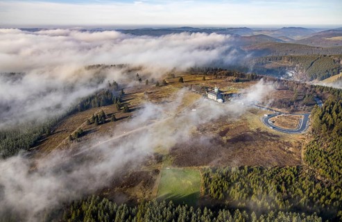 Aerial view, clouds over the Kahler Asten, Astenturm and hotel-restaurant, second highest mountain