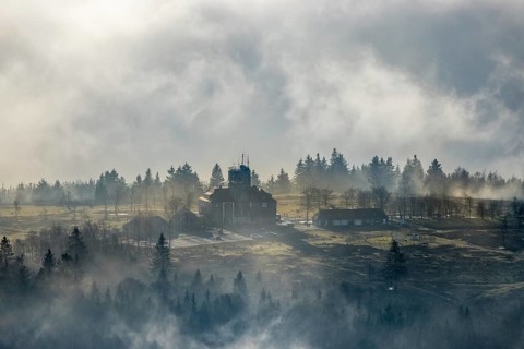 Aerial view, clouds over the Kahler Asten, Astenturm and hotel-restaurant, second highest mountain