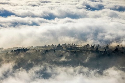 Aerial view, clouds over the Kahler Asten, Astenturm and hotel-restaurant, second highest mountain