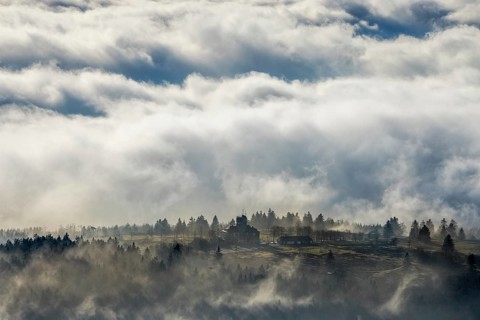 Aerial view, clouds over the Kahler Asten, Astenturm and hotel-restaurant, second highest mountain