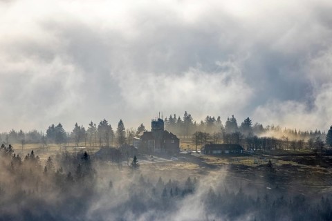 Aerial view, clouds over the Kahler Asten, Astenturm and hotel-restaurant, second highest mountain